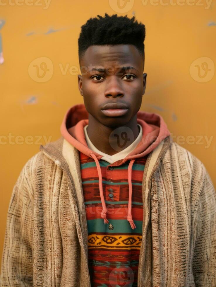 Young man with African features who appears to be shoched AI Generative photo