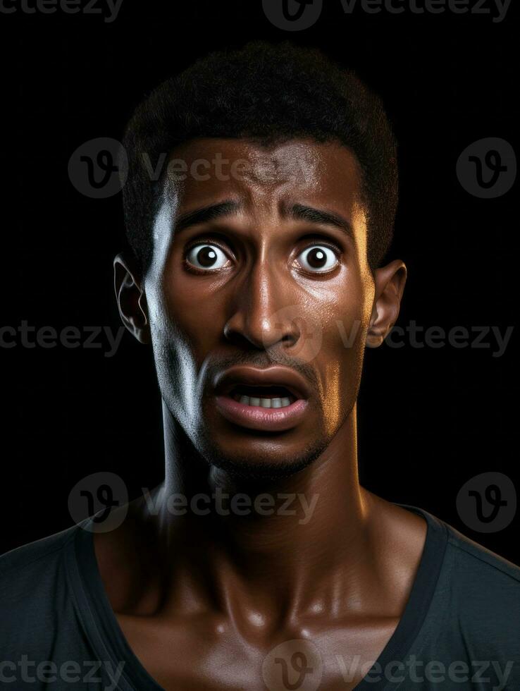 Young man with African features who appears to be shoched AI Generative photo