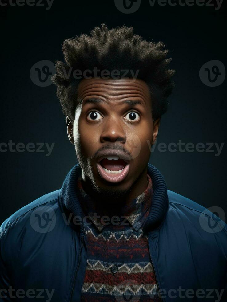 Young man with African features who appears to be shoched AI Generative photo