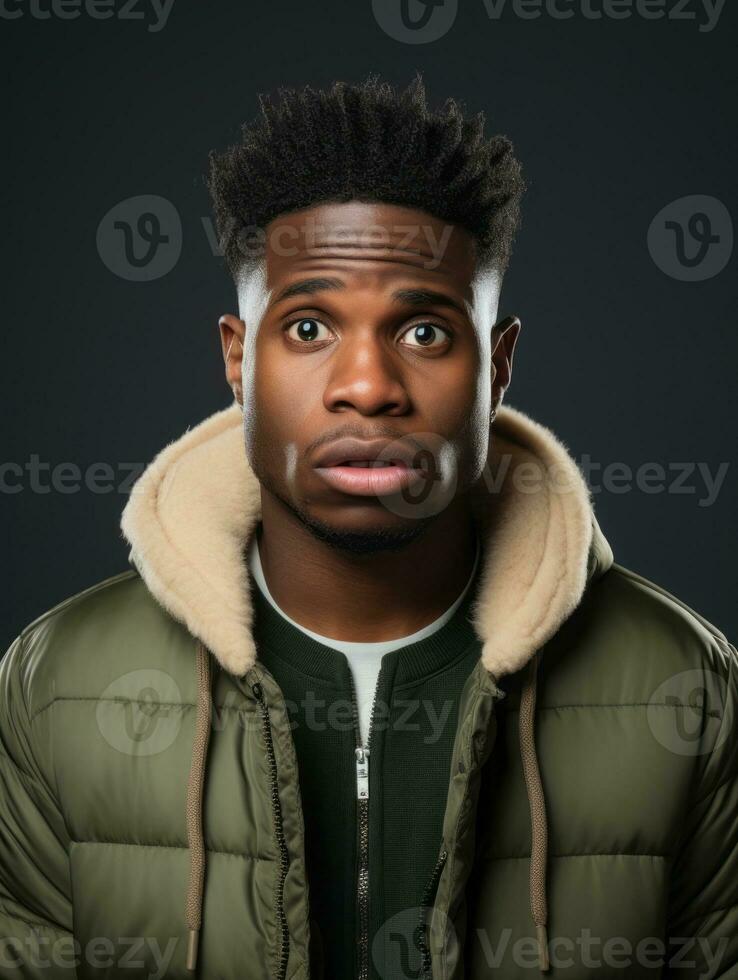 Young man with African features who appears to be shoched AI Generative photo