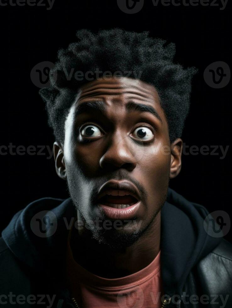 Young man with African features who appears to be shoched AI Generative photo