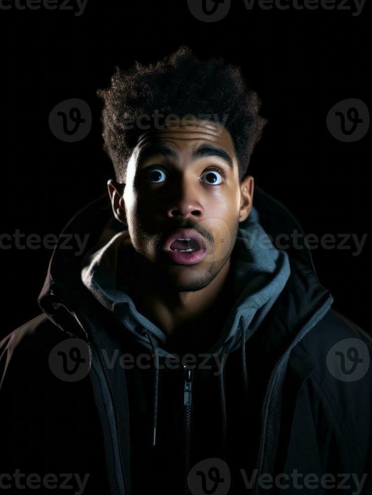 Young man with African features who appears to be shoched AI Generative photo