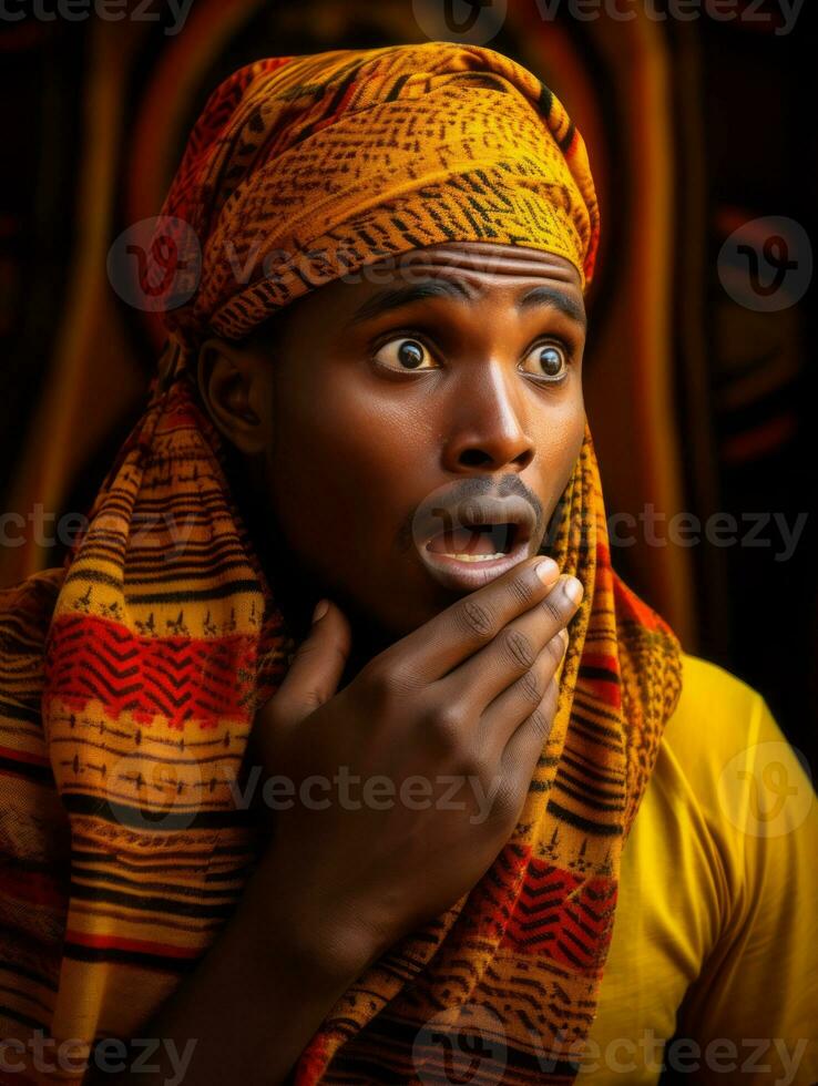 joven hombre con africano caracteristicas quien aparece a ser chocado ai generativo foto