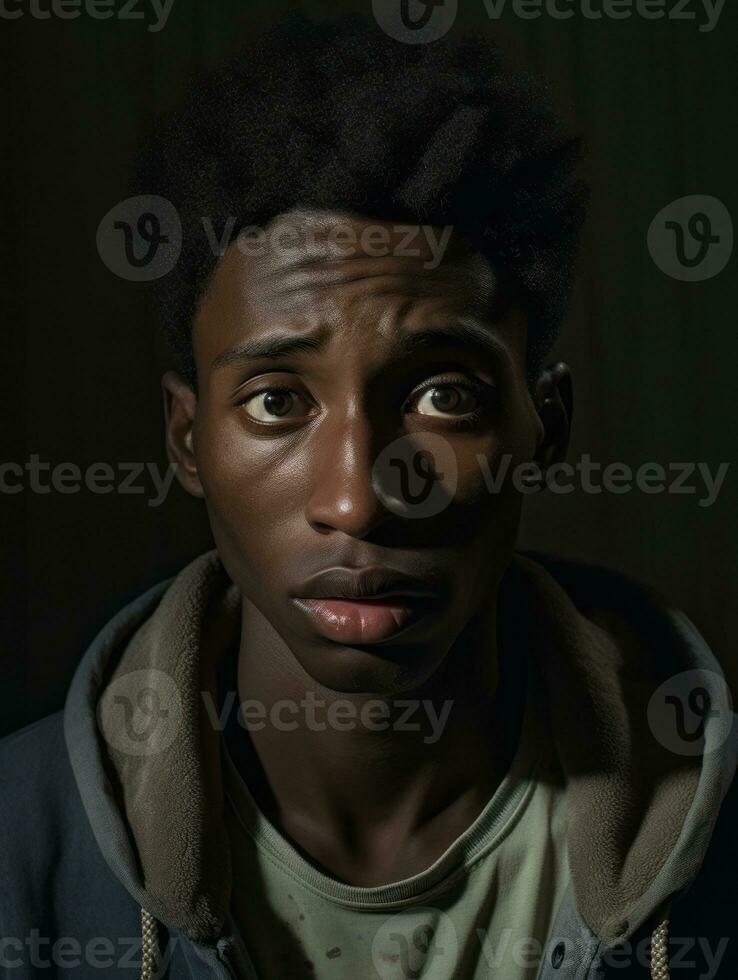 Young man with African features who appears to be shoched AI Generative photo