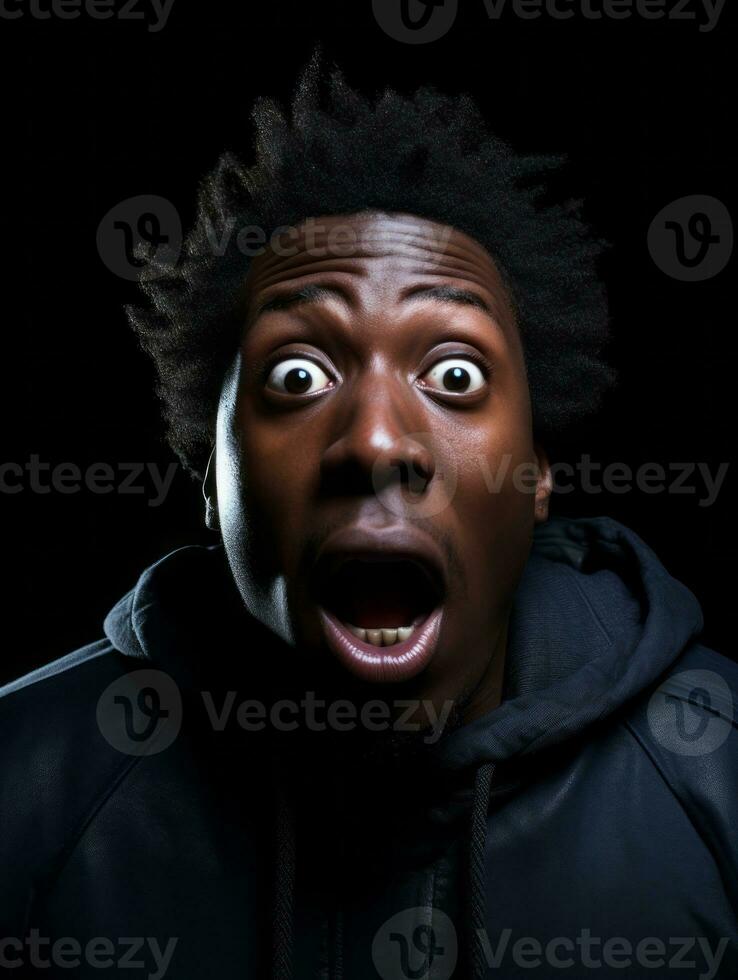 Young man with African features who appears to be shoched AI Generative photo