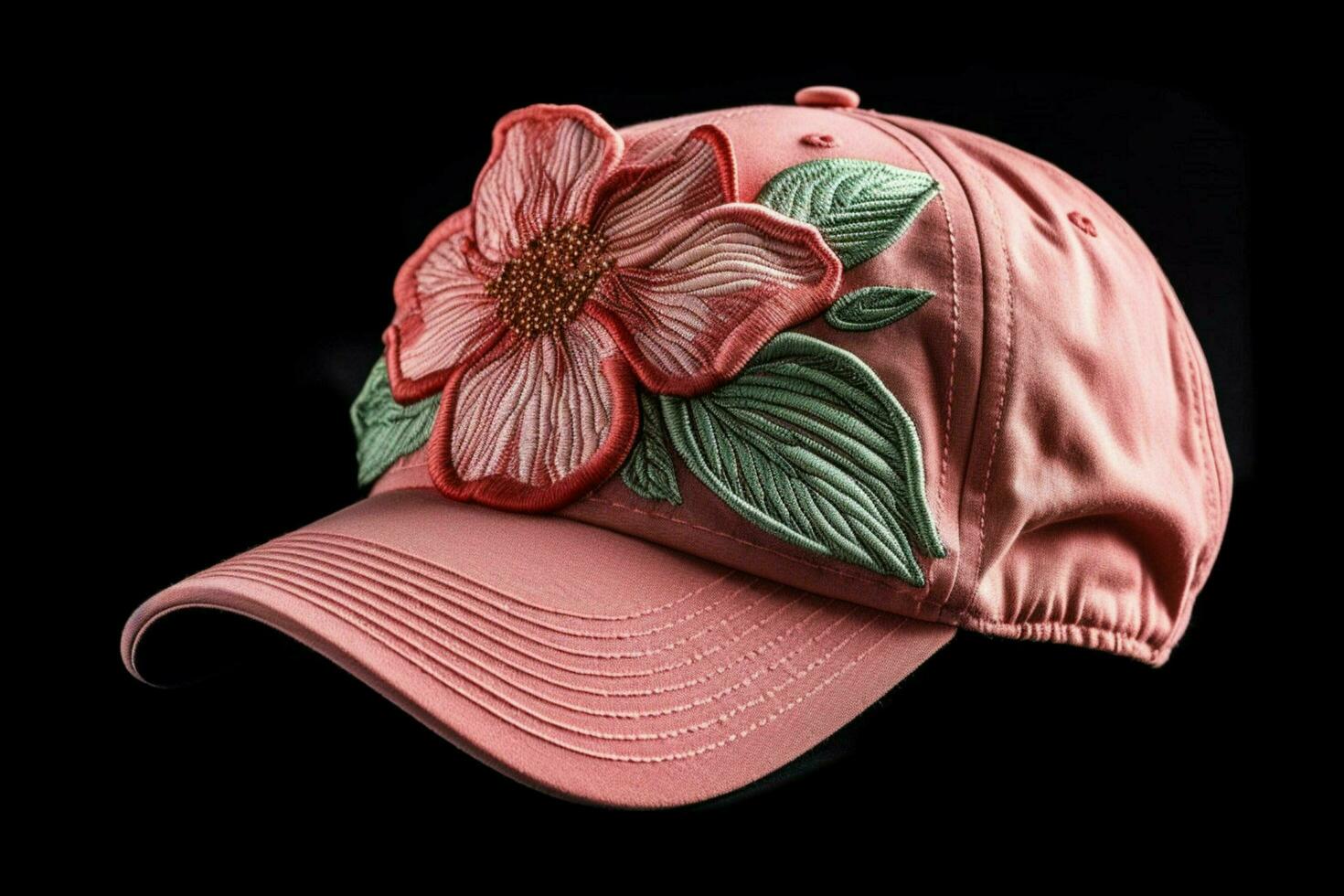 A baseball cap with an embroidered flower photo