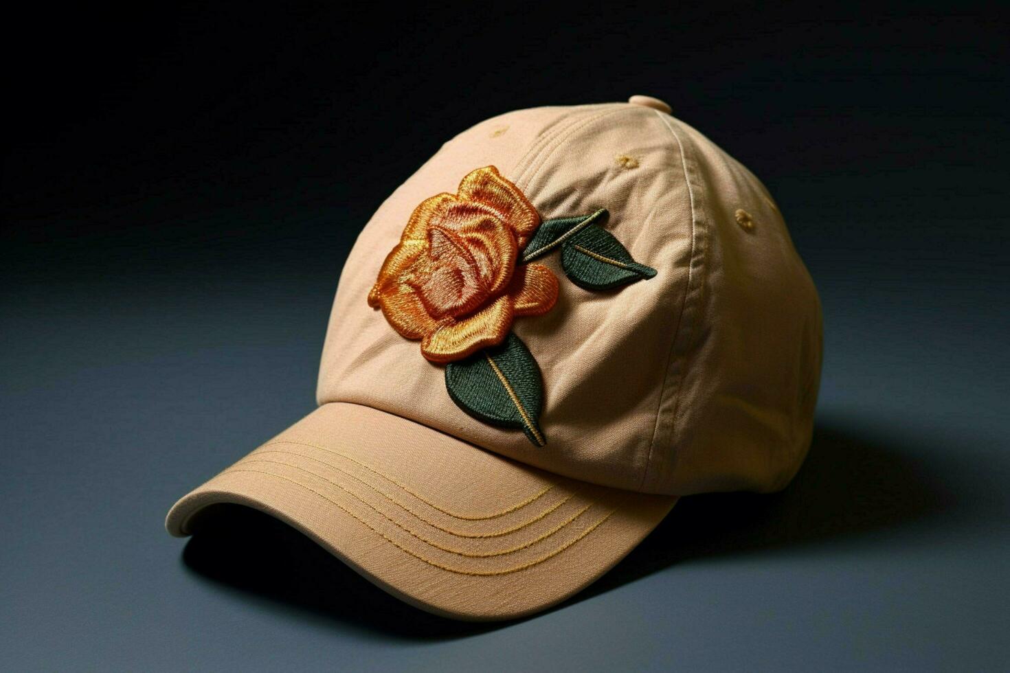 A baseball cap with an embroidered flower photo