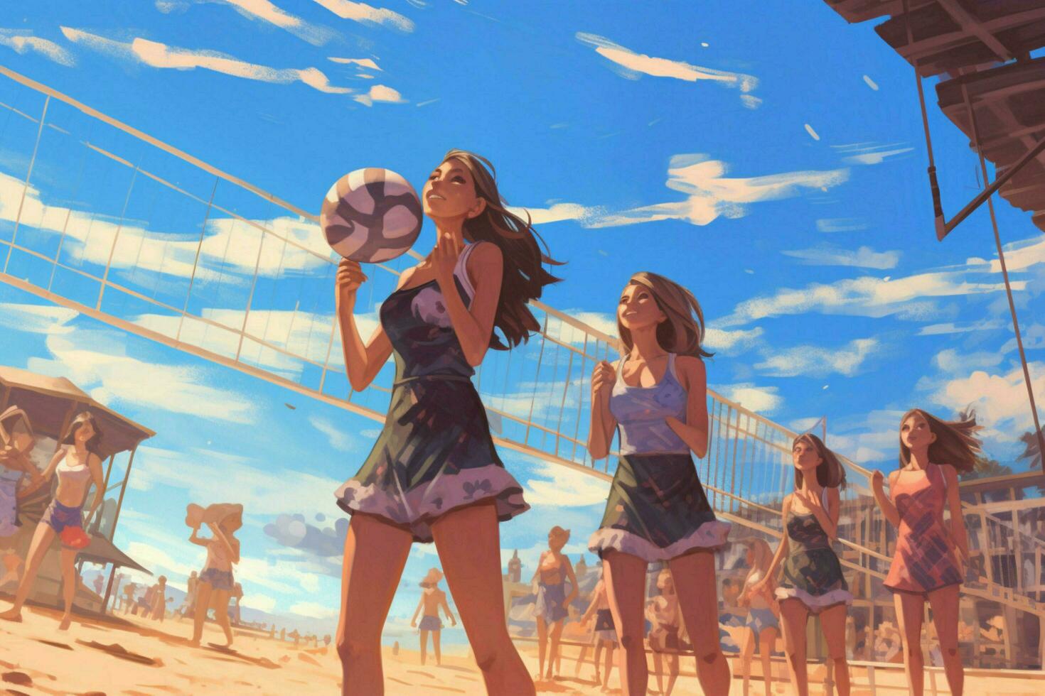 A beach volleyball game in progress photo