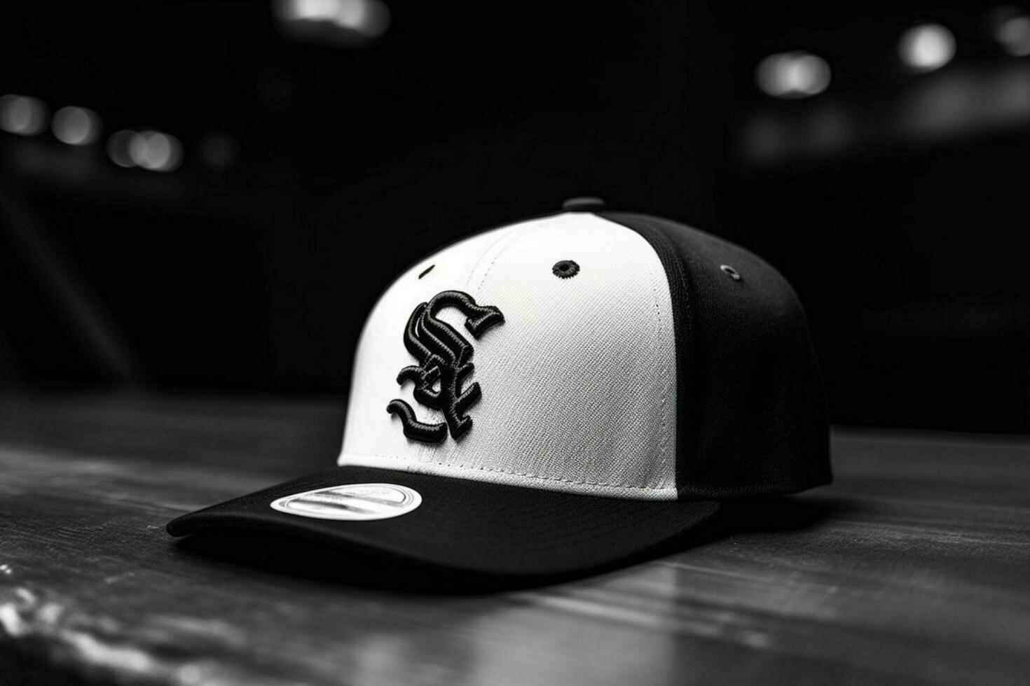 A black and white baseball cap with a team logo photo