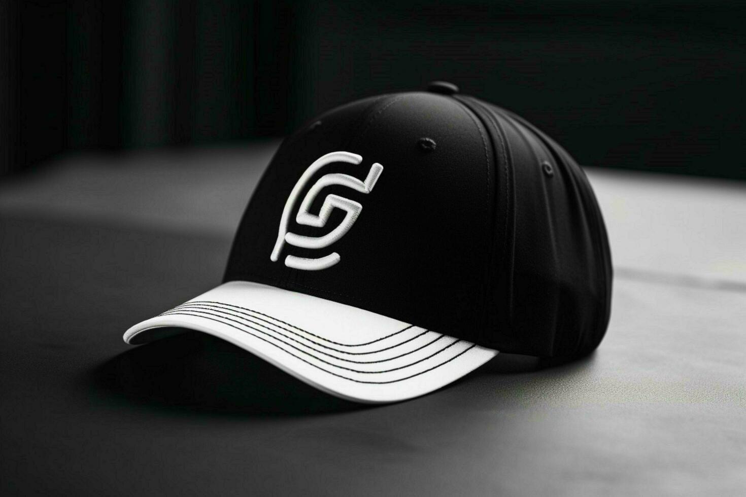 A black and white baseball cap with a team logo photo