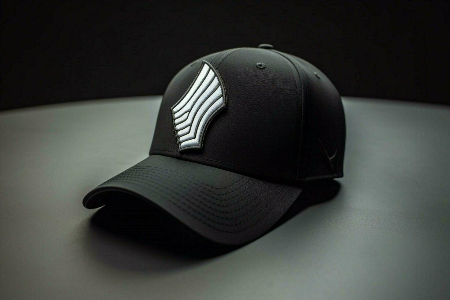 A black and white baseball cap with a team logo photo