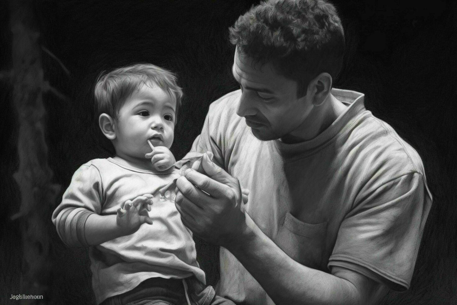 A black and white drawing of a father and child photo