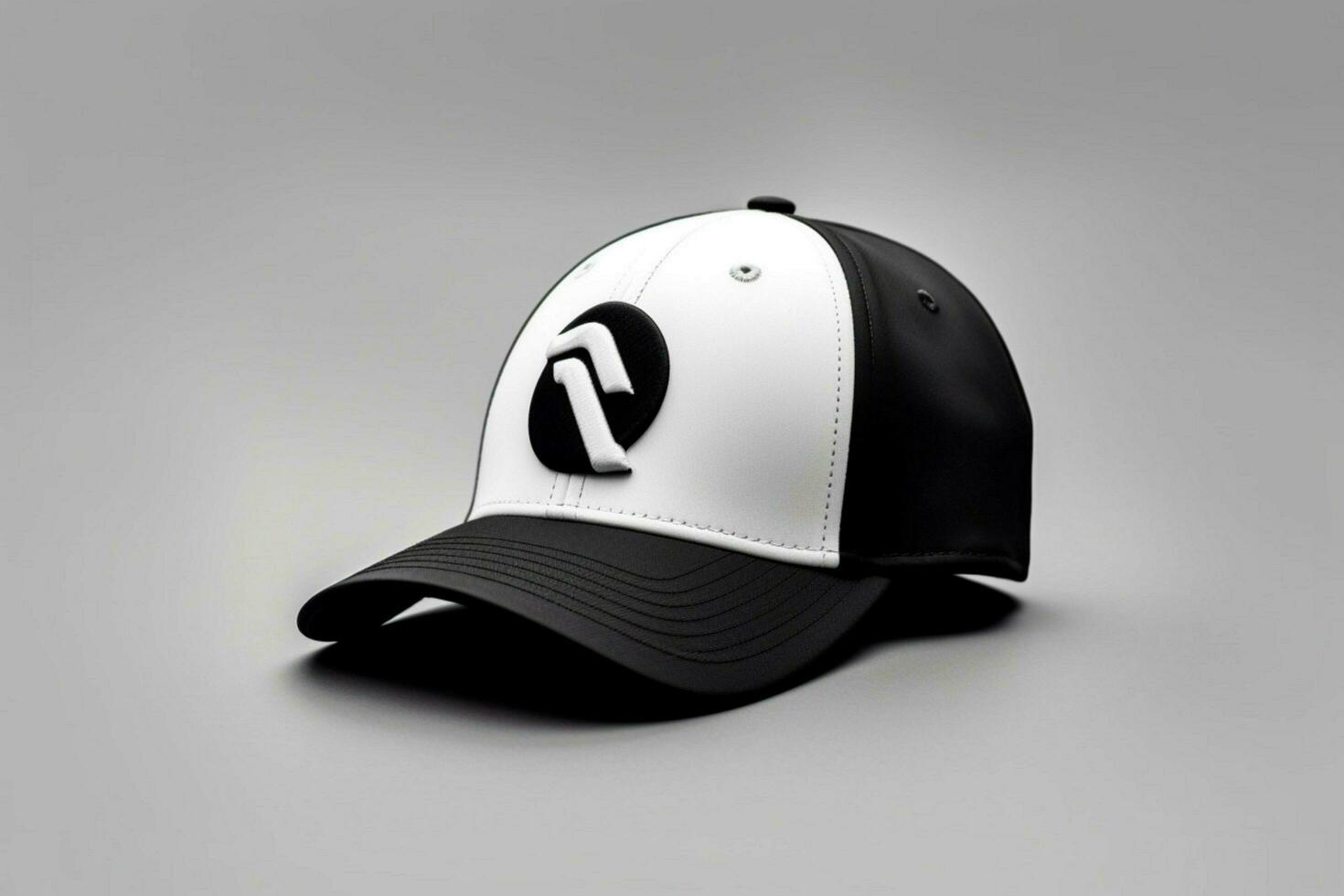 A black and white baseball cap with a team logo photo