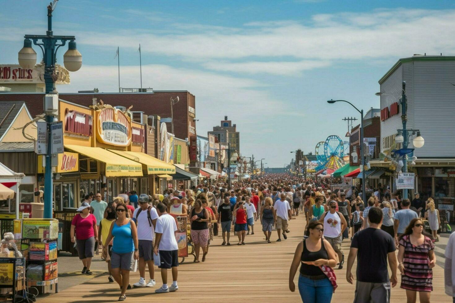 A bustling seaside boardwalk with lots of activity photo