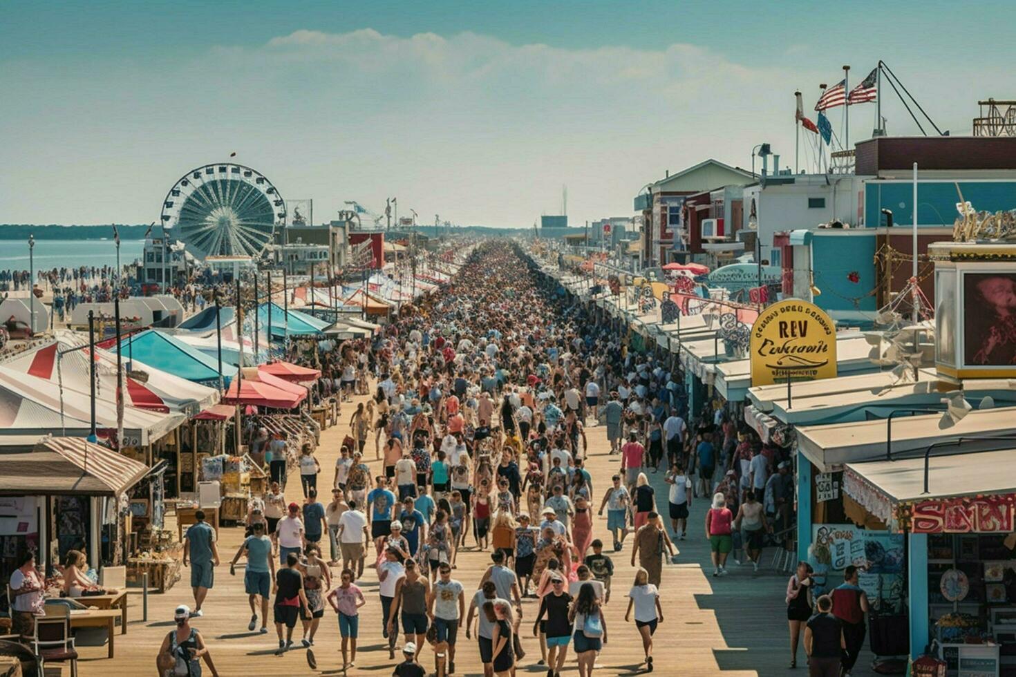 A bustling seaside boardwalk with lots of activity photo