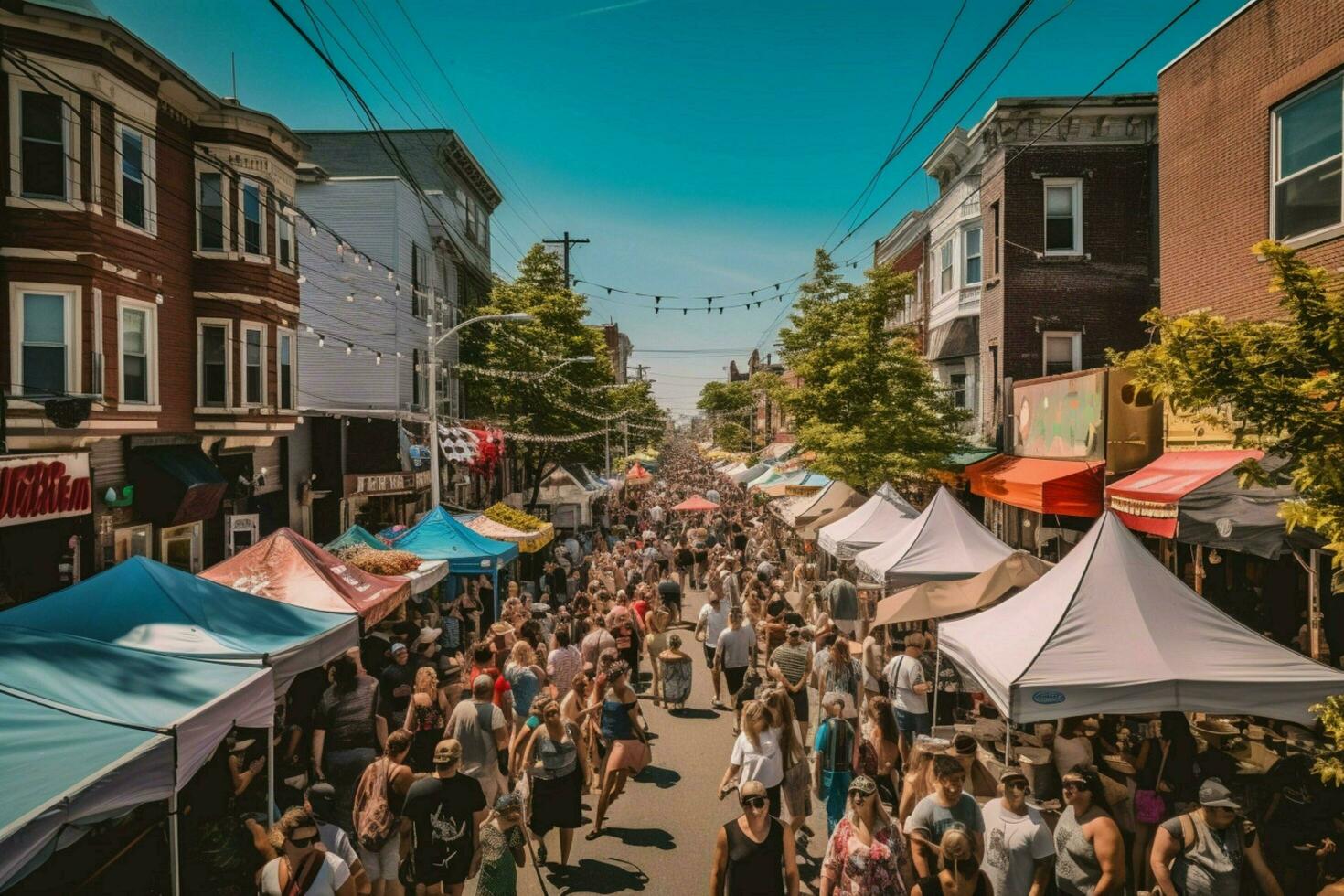 un bullicioso calle festival en un calentar día foto