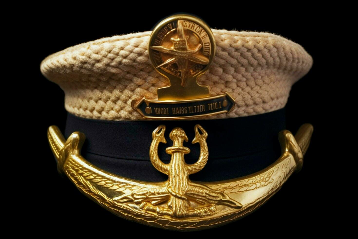 A captains hat with a gold anchor emblem photo