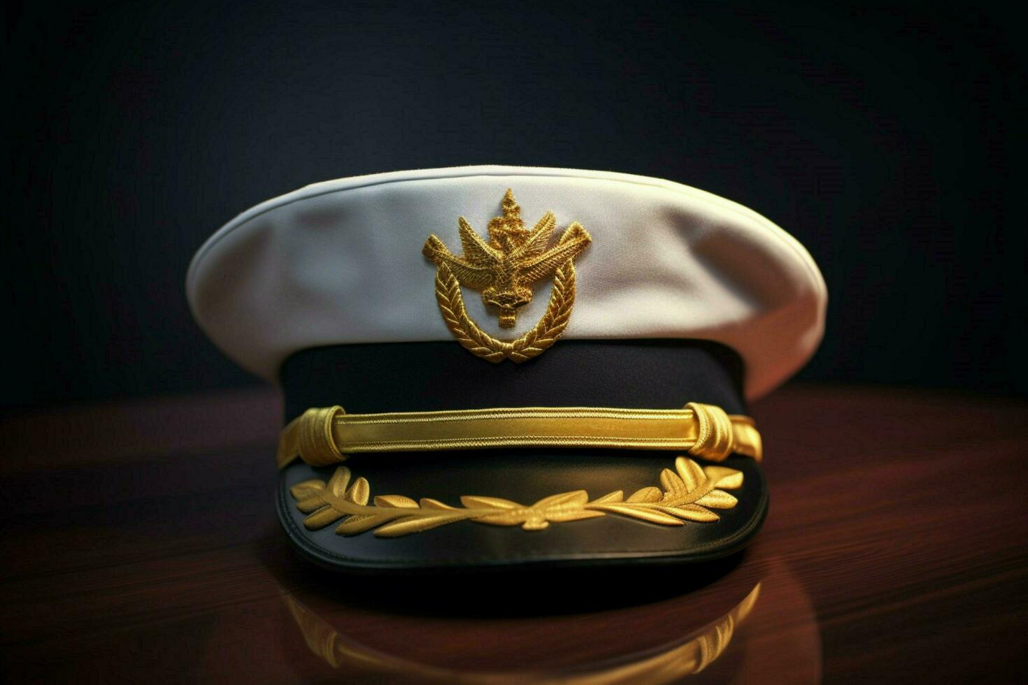 A captains hat with a gold anchor emblem photo