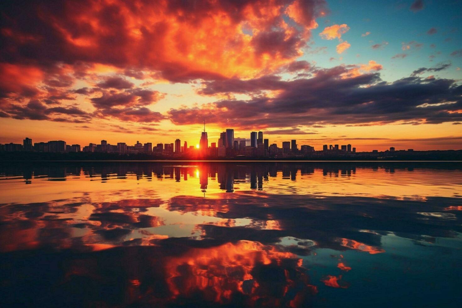 A city skyline silhouetted against a beautiful summ photo