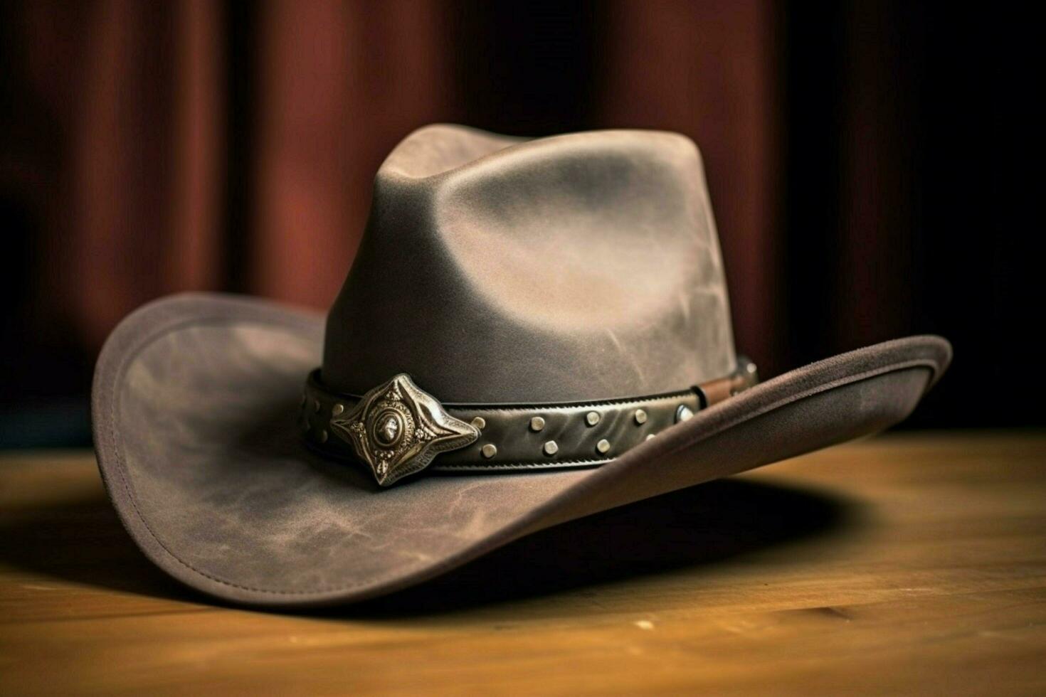 A cowboy hat with a leather band and silver buckle photo