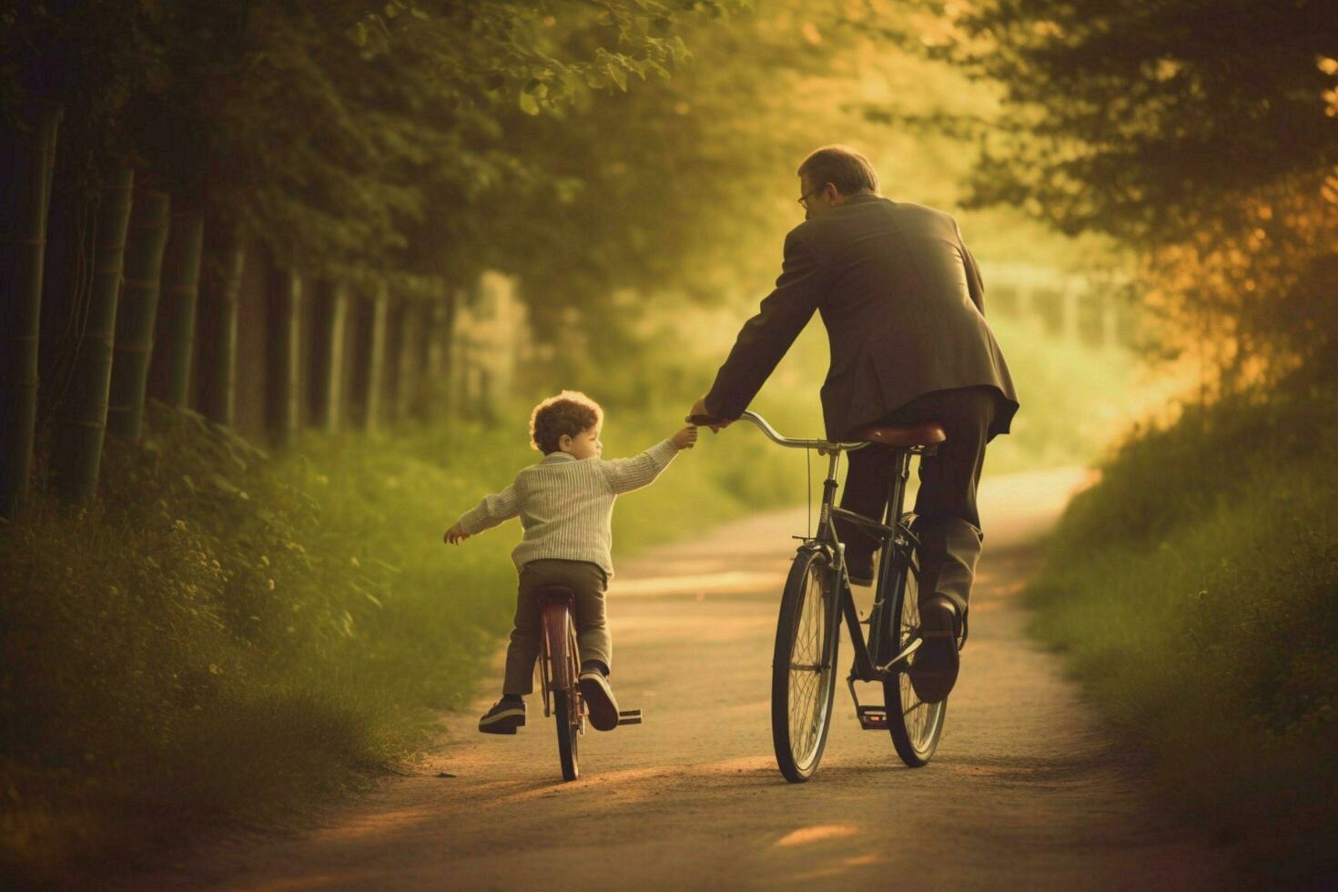 un papá enseñando su niño a paseo un bicicleta foto