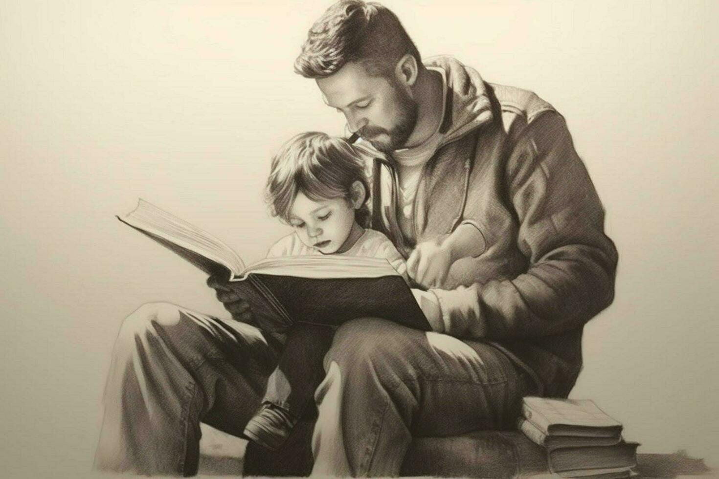 un dibujo de un padre y niño leyendo juntos foto