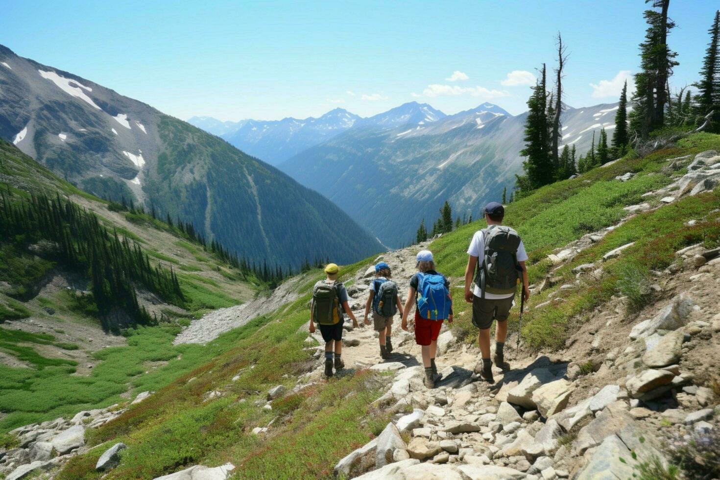 A family hiking trip in the mountains photo