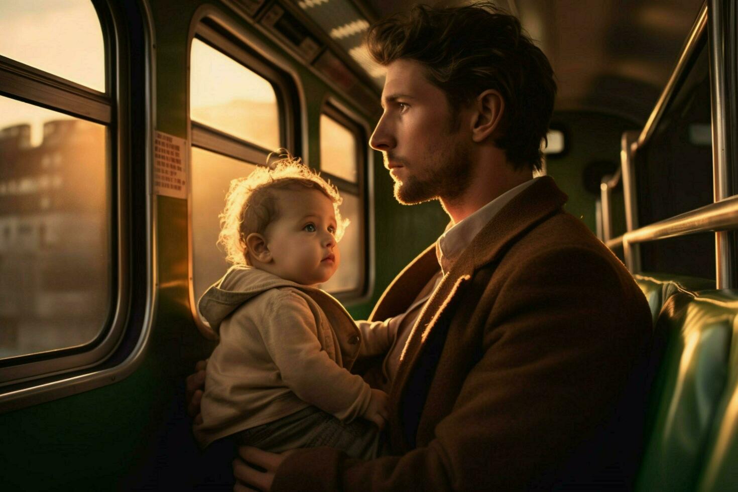 un padre y niño yendo en un tren paseo foto