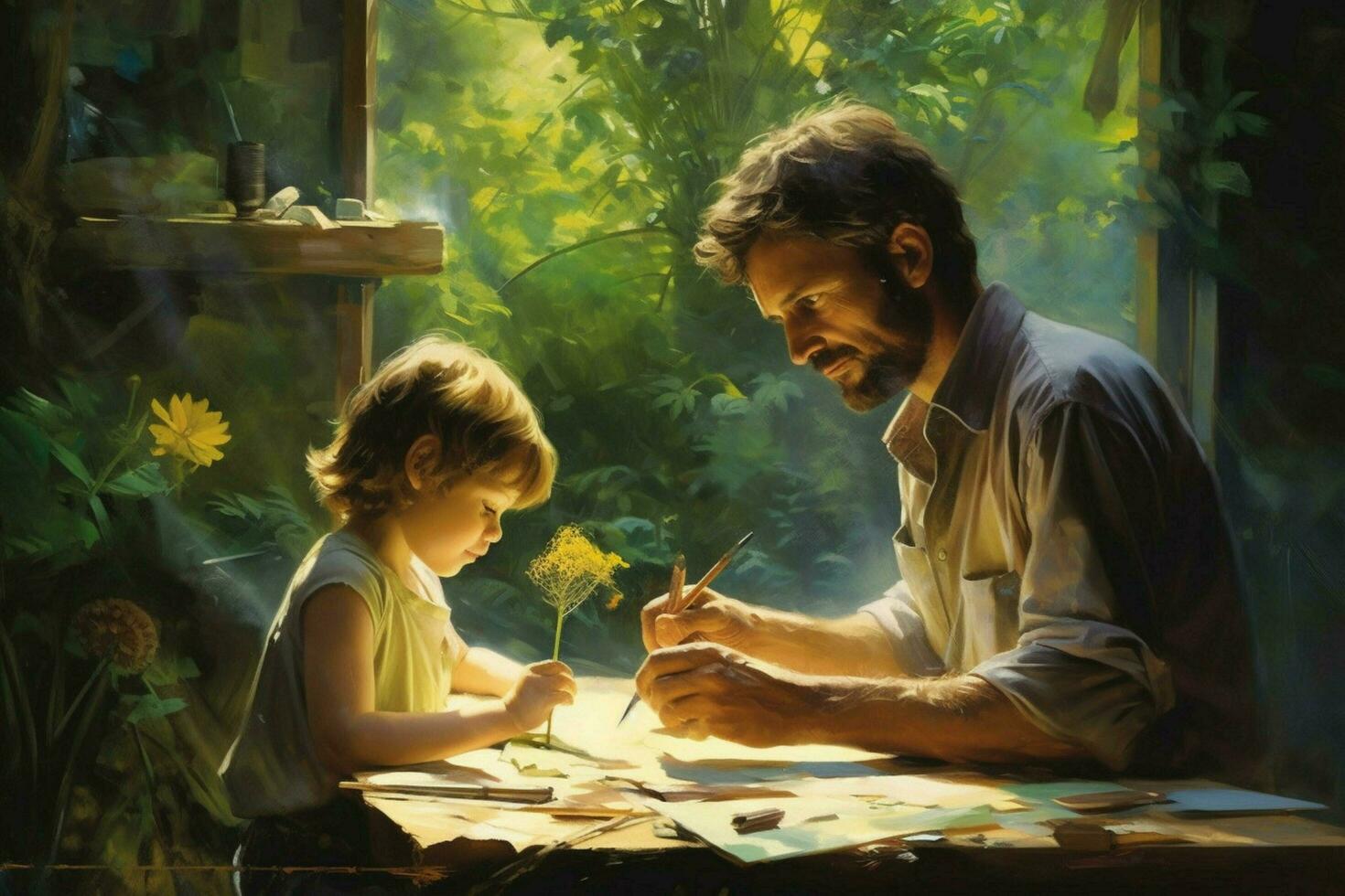 un padre y niño pintura juntos foto