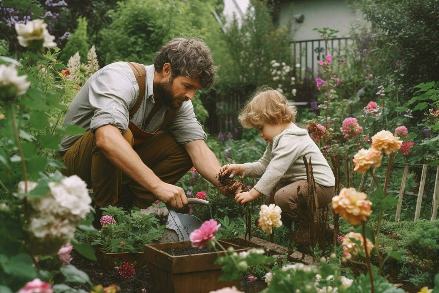 A father and child planting flowers in the garden photo