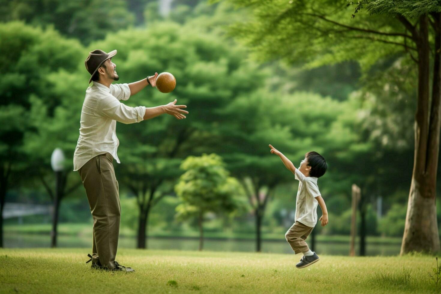 A father and child playing catch in the park photo