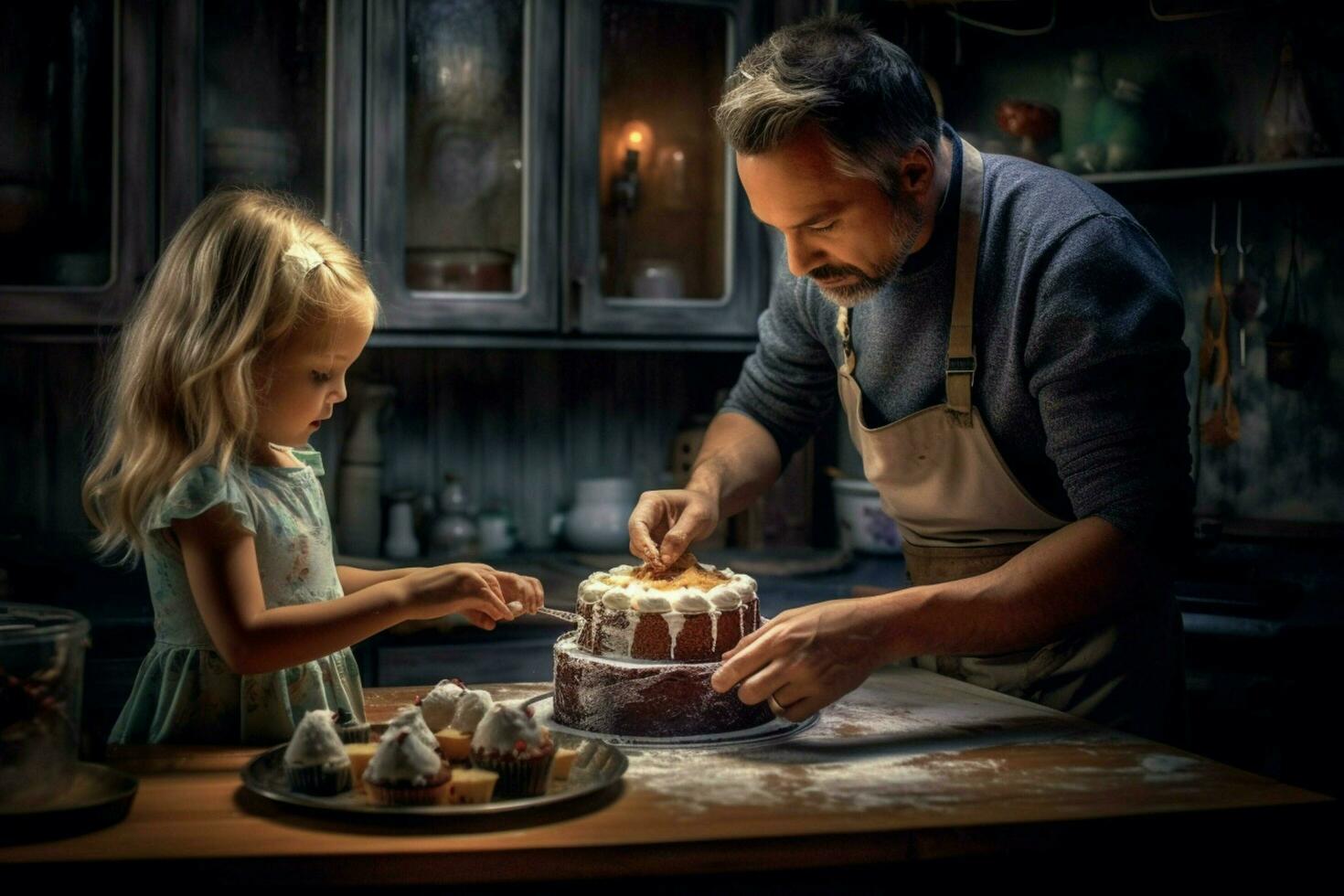 A father and daughter baking a cake together photo