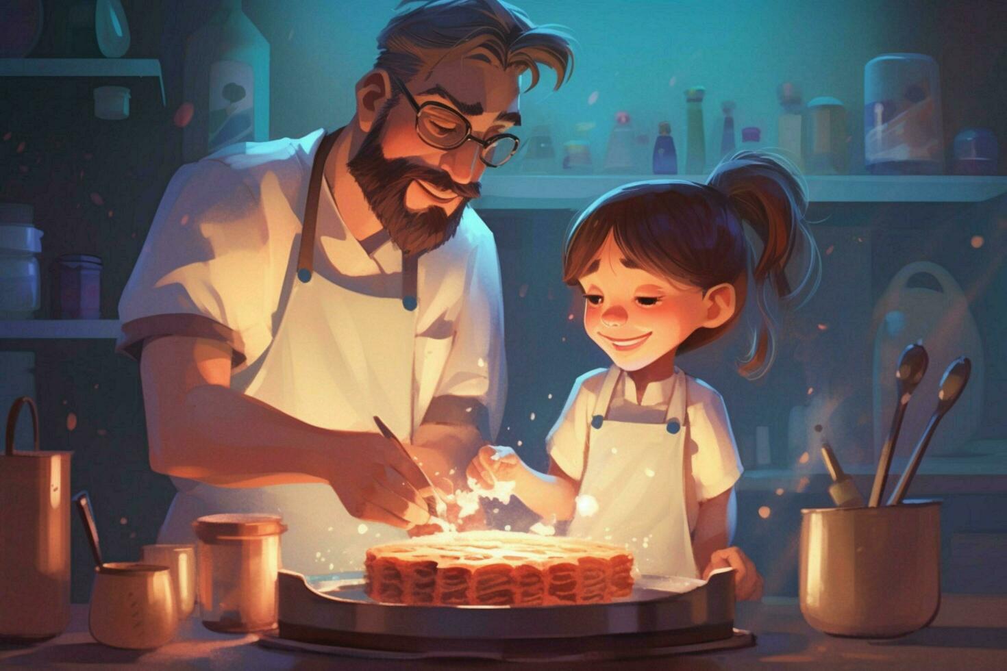 A father and daughter baking a cake together photo