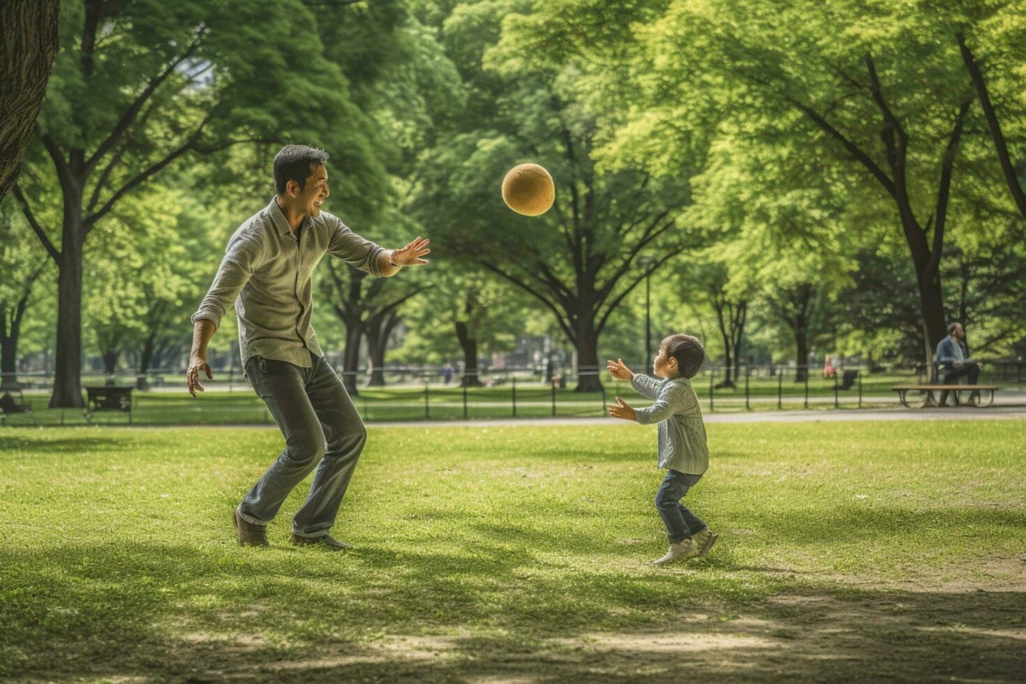 A father and child playing catch in the park photo