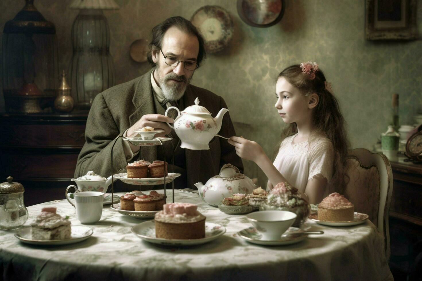 A father and daughter having a tea party photo