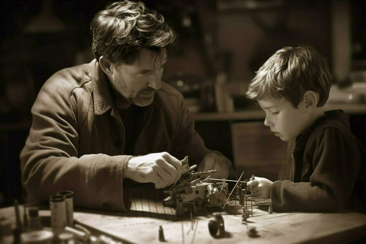 A father and son building a model car photo
