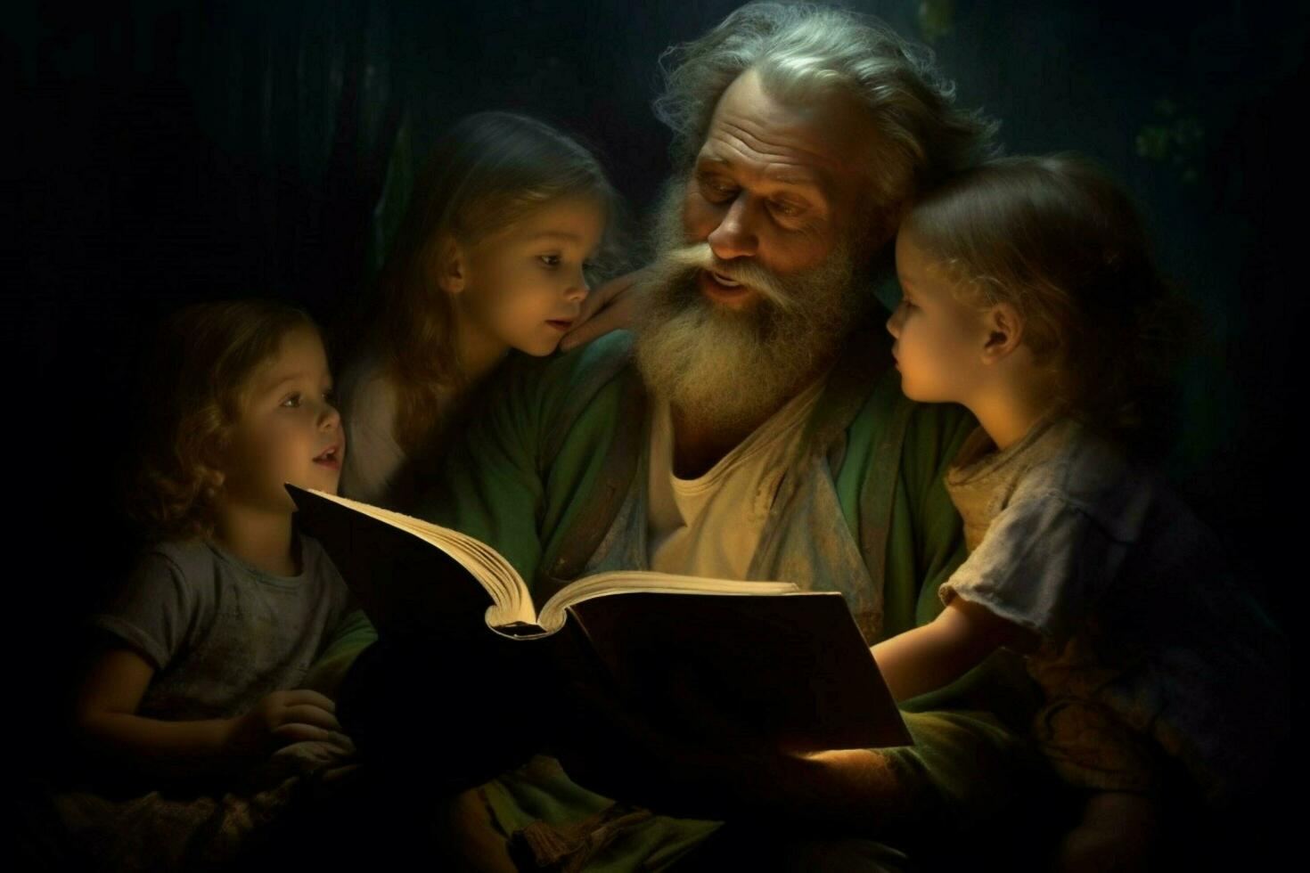 A father reading a bedtime story to his children photo