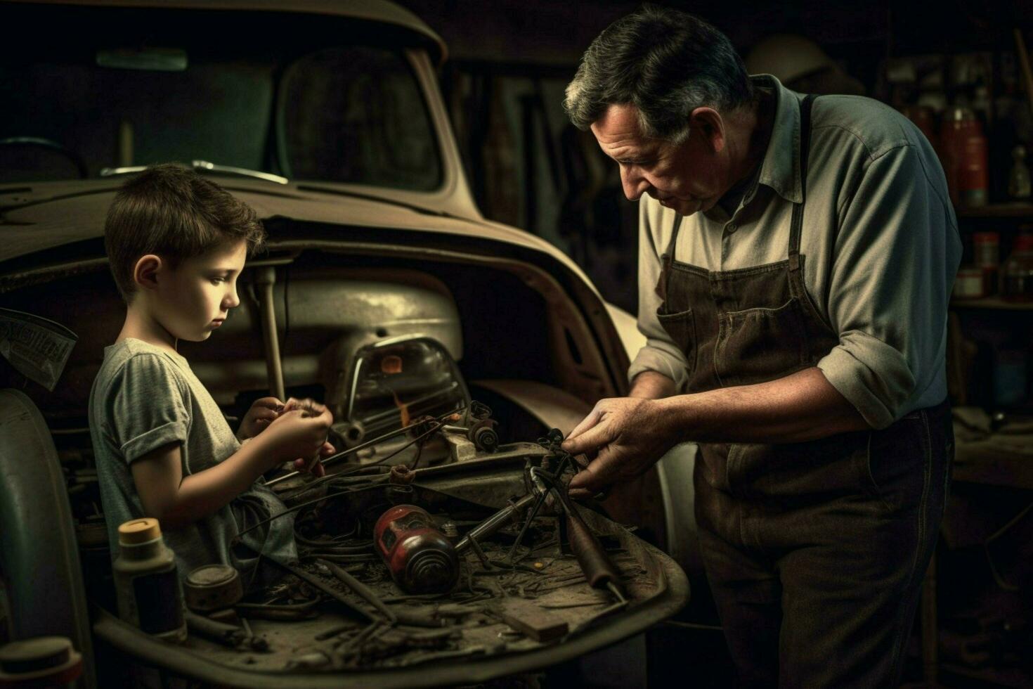 A father and son working on a car together photo