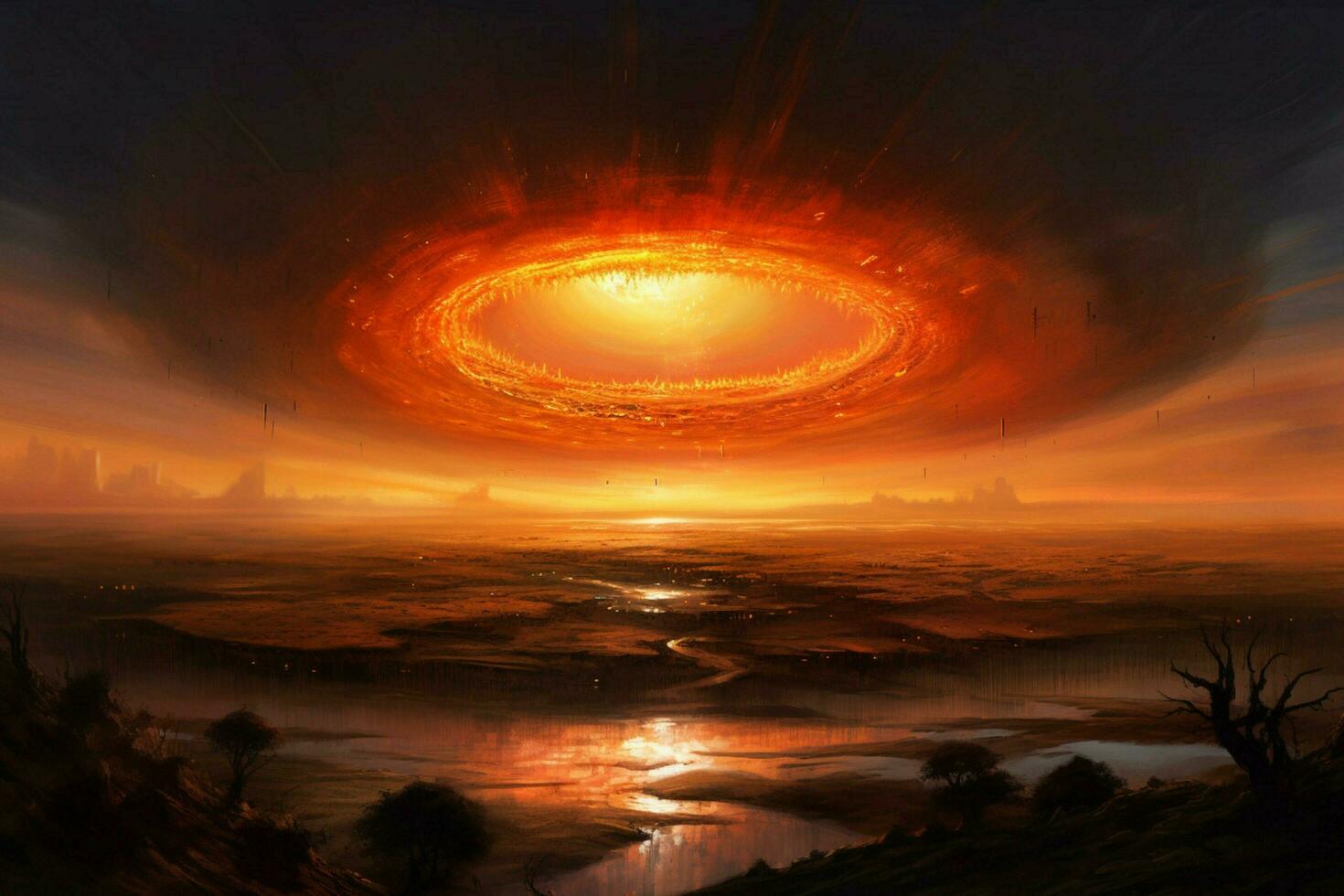 A fiery disk rises over the horizon photo