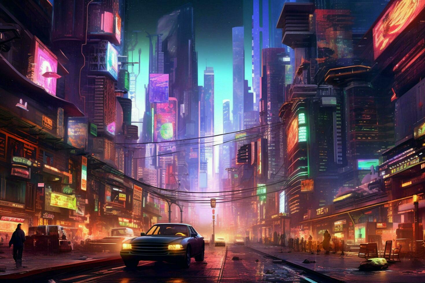 A futuristic city with giant holographic advertisem photo