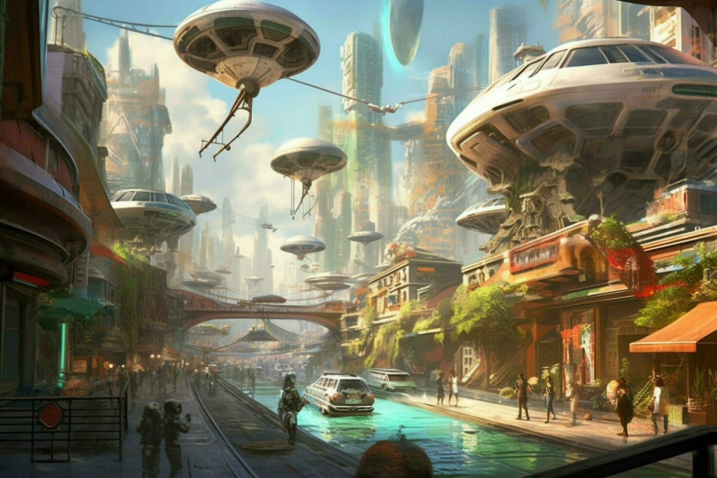 A futuristic cityscape with flying cars photo