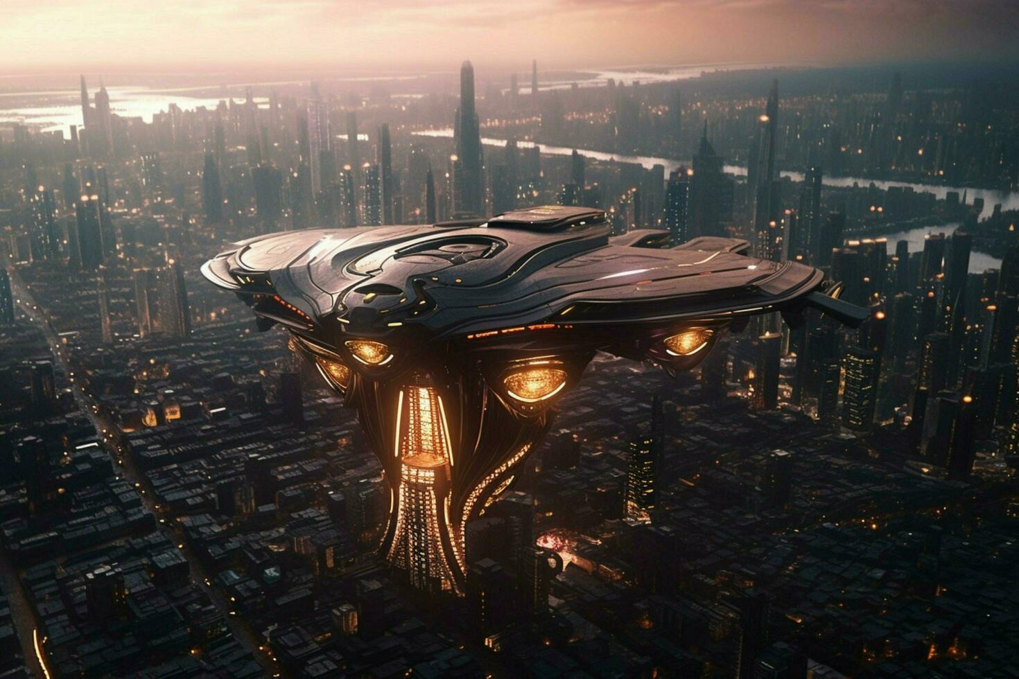 A futuristic spaceship hovering over a city photo