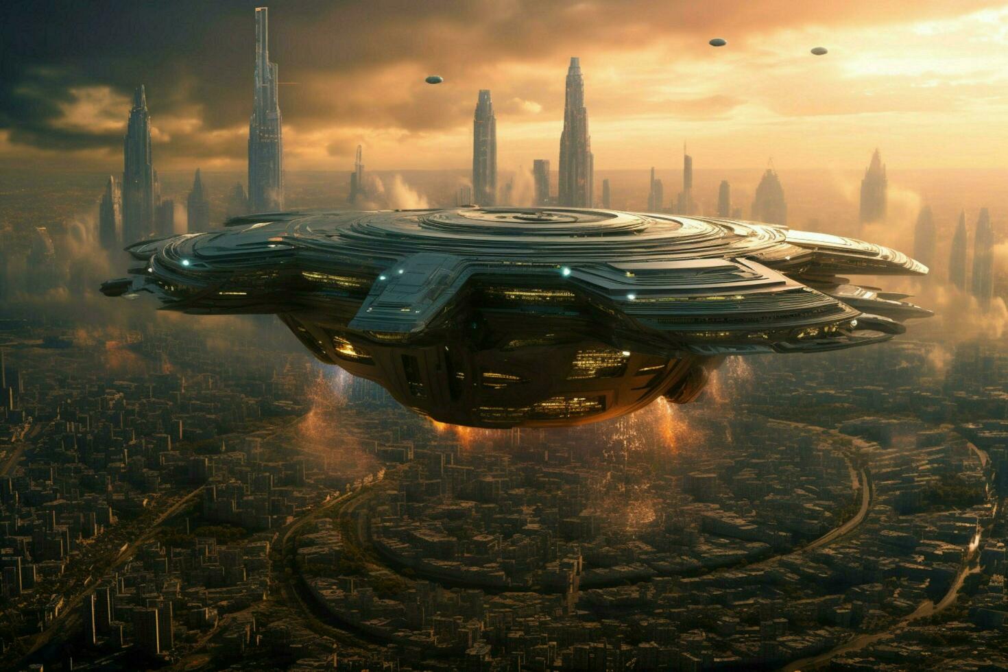 A futuristic spaceship hovering over a city photo