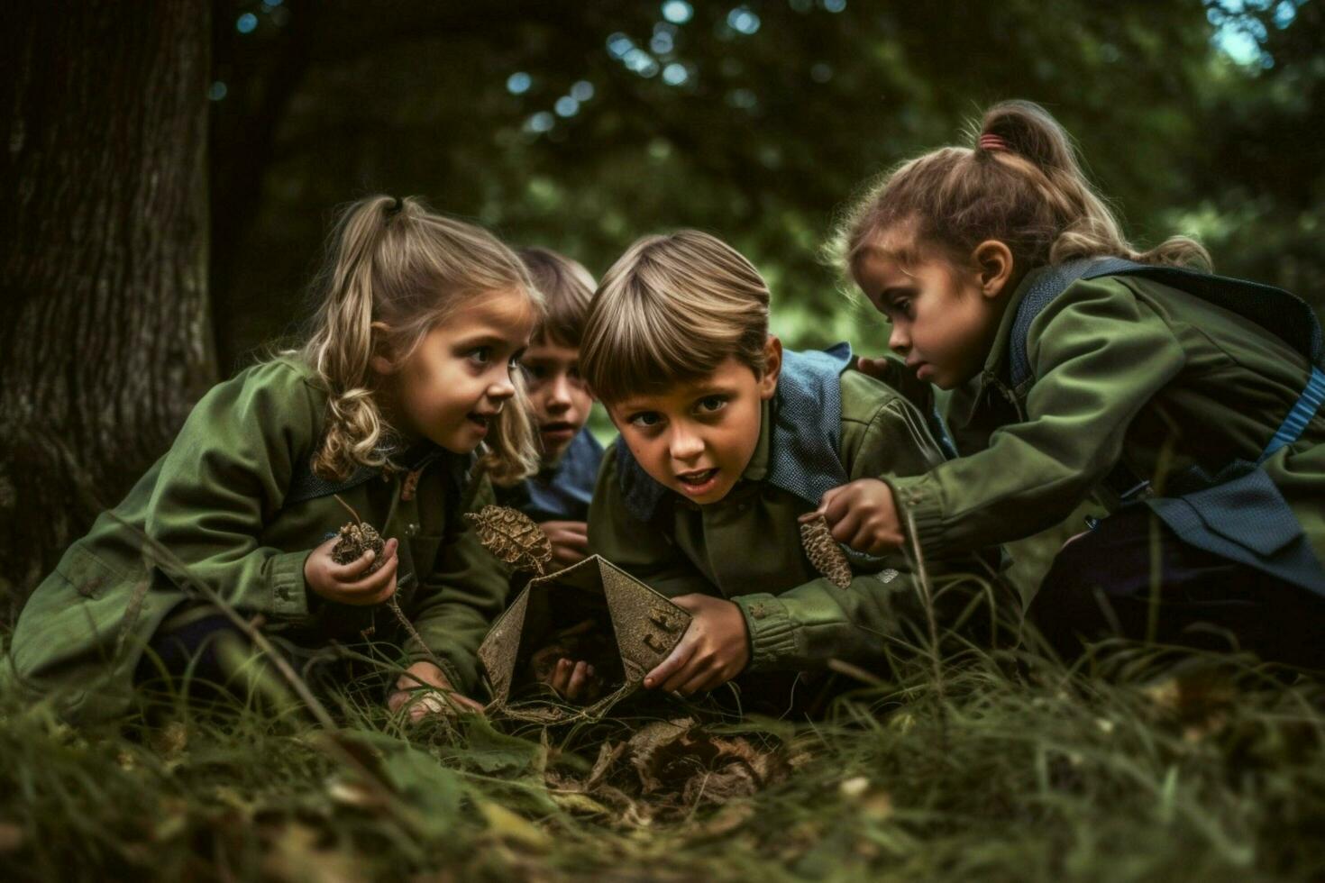 A group of children having a scavenger hunt photo