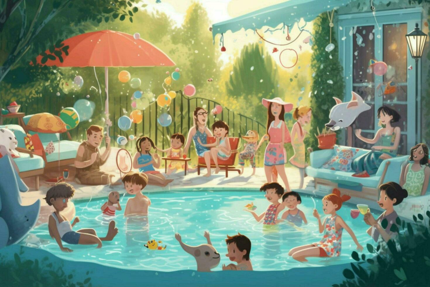 A group of children having a pool party photo