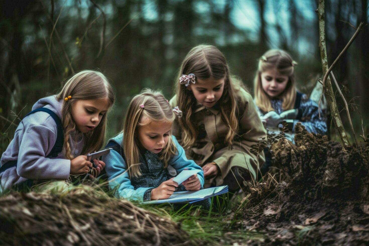 un grupo de niños teniendo un carroñero cazar foto