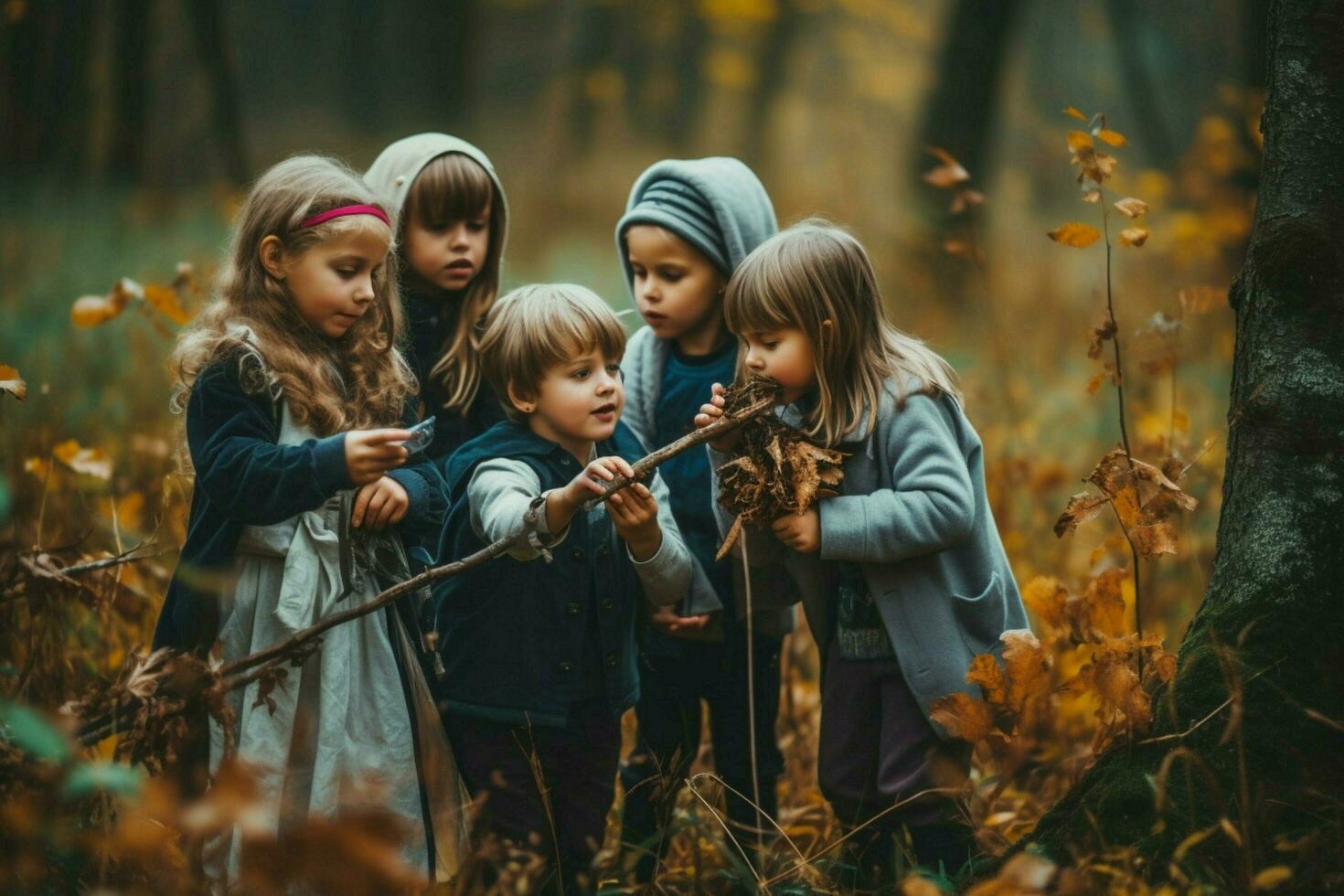 un grupo de niños teniendo un carroñero cazar foto