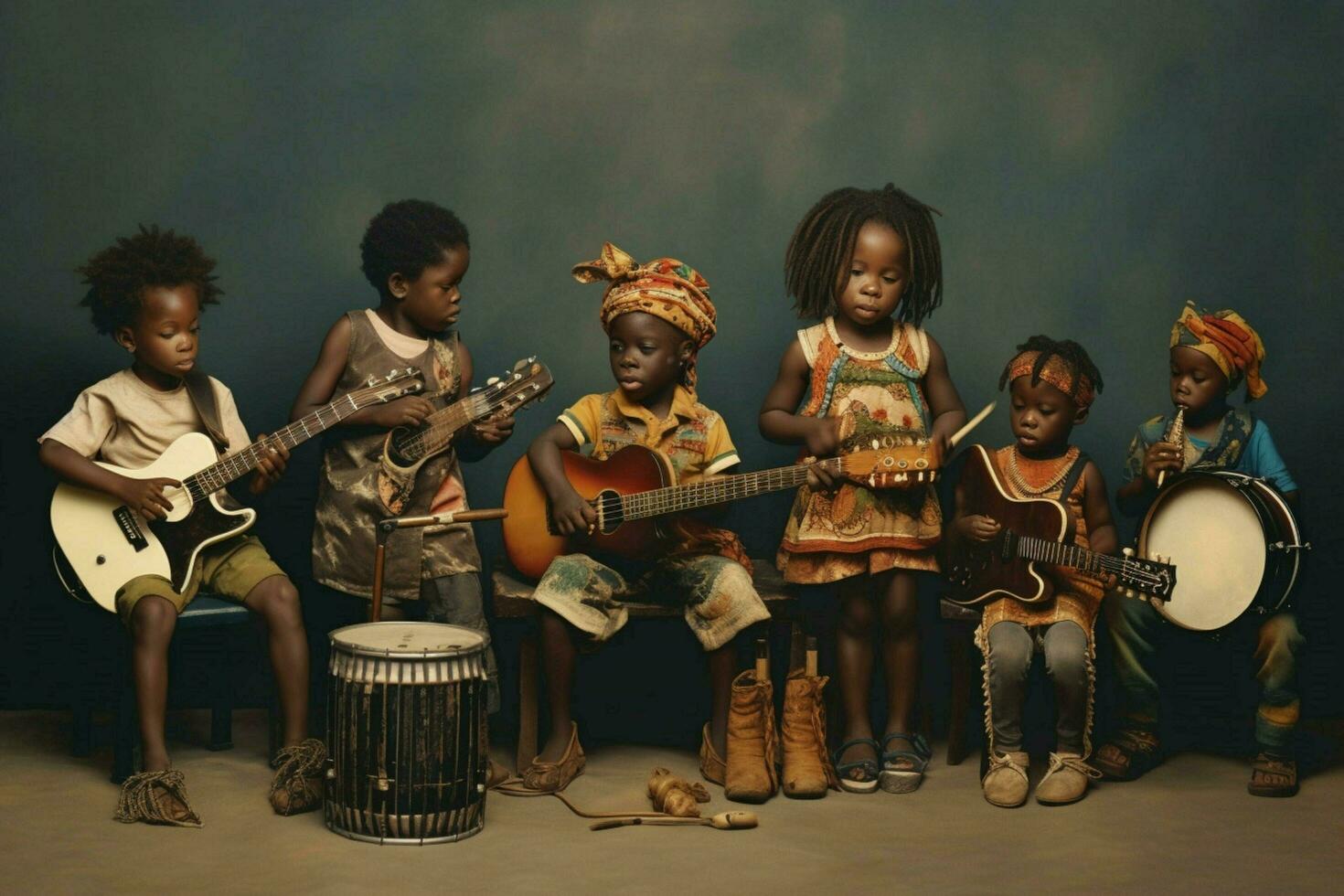 A group of children singing and playing instruments photo