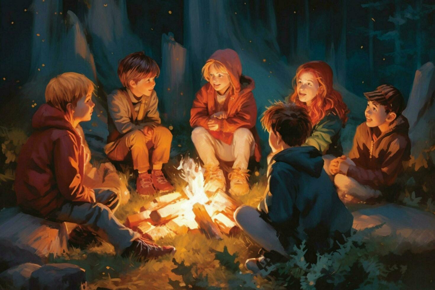 A group of children sharing stories around a bonfir photo