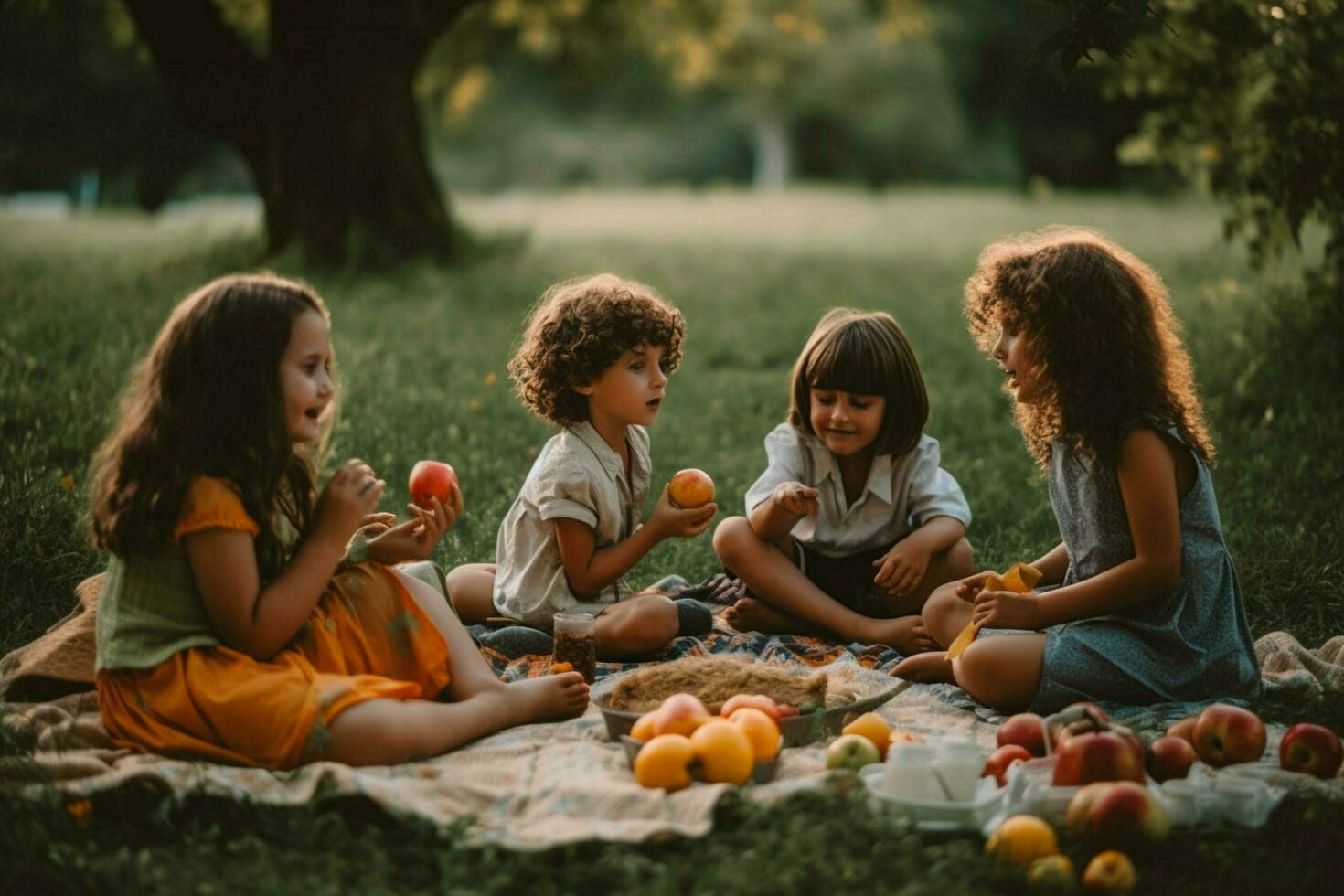 A group of kids enjoying a picnic photo